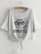 Shein Striped Cat Print Knotted Front Crop Tee