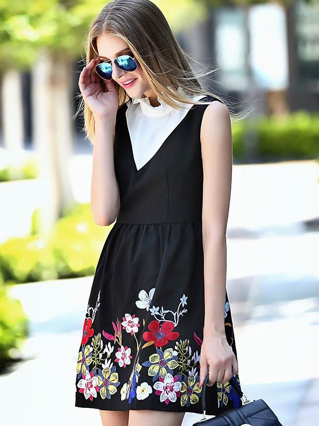 Shein Black Contrast Ruffle Neck Sleeveless Embroidered Dress