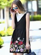 Shein Black Contrast Ruffle Neck Sleeveless Embroidered Dress