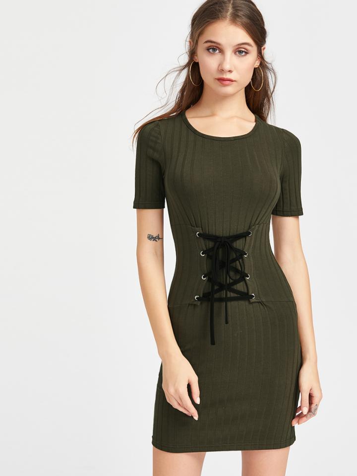 Shein Rib Knit Lace Up Corset Belt Bodycon Dress