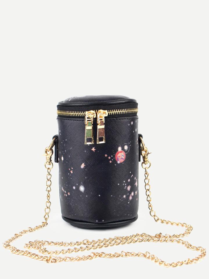 Shein Black Galaxy Print Top Zip Cylinder Bag