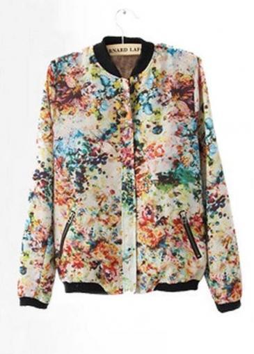 Rosewe European Style Zip Closure Jackets With Multicolor Flower
