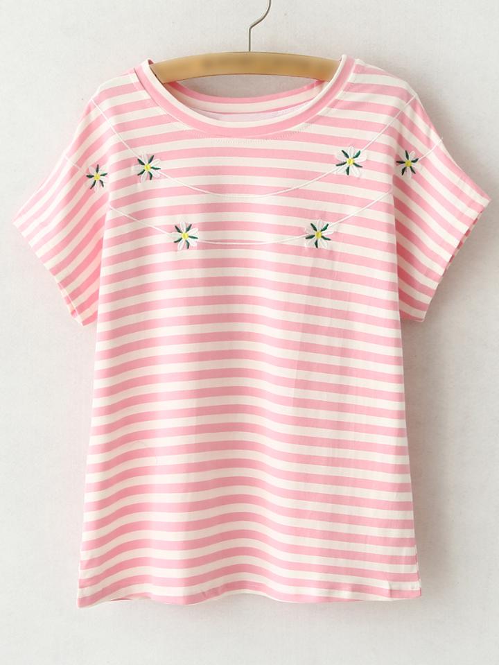 Shein Pink Short Sleeve Flowers Embroidery Stripe T-shirt