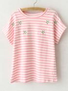 Shein Pink Short Sleeve Flowers Embroidery Stripe T-shirt