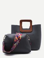 Shein Black Square Handle Tote Bag With Geometric Print Strap Bag