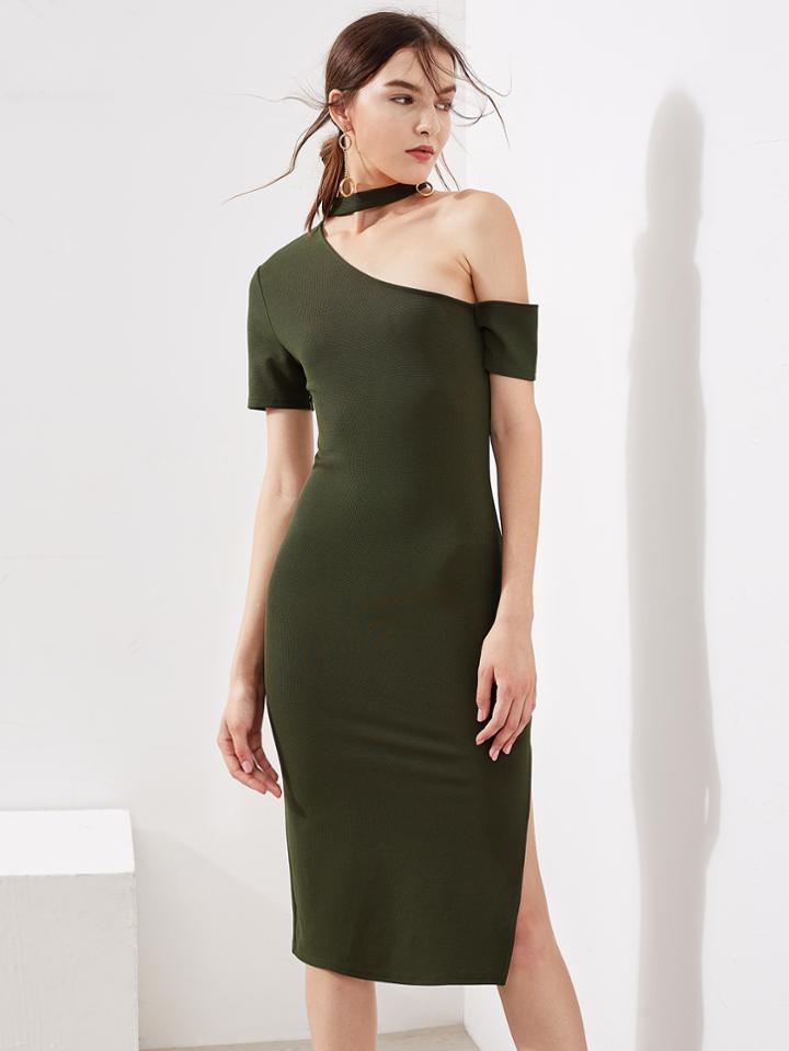 Shein Halter Asymmetric Shoulder Slit Dress
