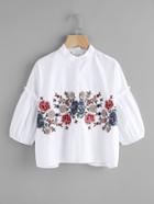 Shein Flower Embroidered Frilled Puff Sleeve Blouse