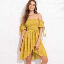 Shein Smocked Bodice Polka Dot Wrap Bardot Dress