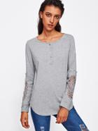 Shein Button Front Lace Applique Curved Hem Top