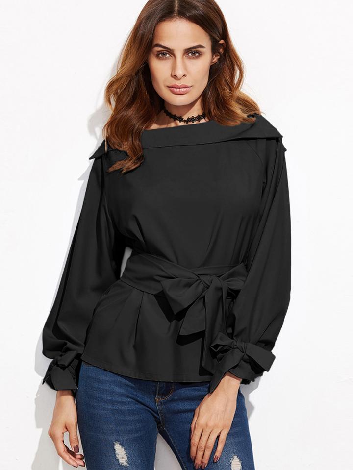 Shein Foldover Neck Belted Bow Tie Sleeve Blouse