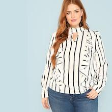 Shein Plus V Cut Choker Neck Ruffle Striped Blouse