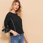 Shein Bow Detail Split Sleeve Colorblock Blouse