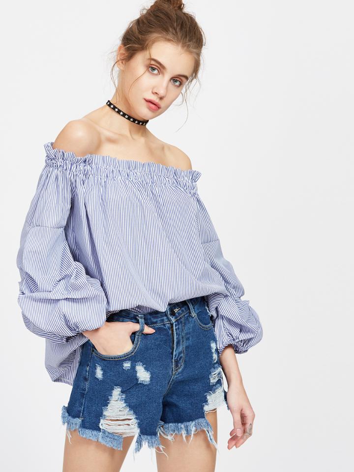 Shein Blue Vertical Striped Off The Shoulder Lantern Sleeve Top