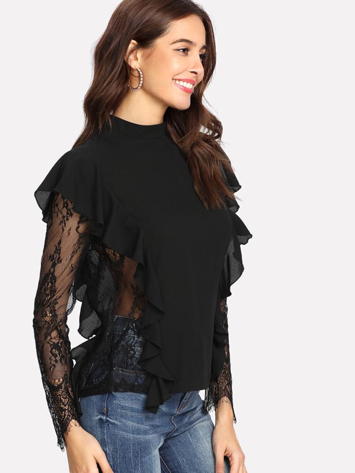 Shein Flounce Trim Lace Insert Top