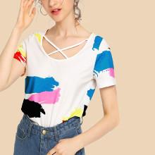 Shein Criss Cross Neck Brush Stroke Print Tee