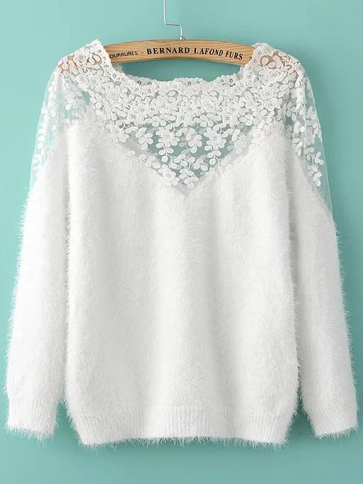Shein White Lace Insert Boat Neck Mohair Sweater