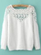 Shein White Lace Insert Boat Neck Mohair Sweater
