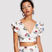 Shein Ruffle Trim Crop Floral Wrap Top