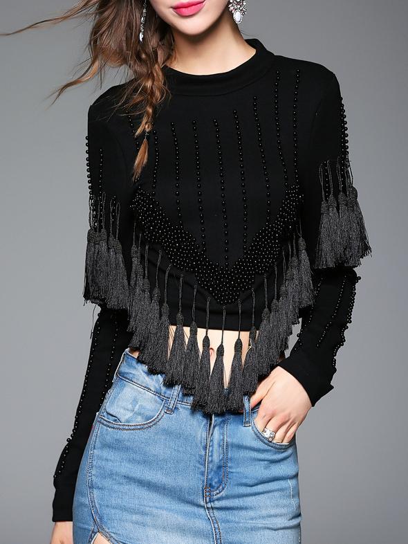 Shein Black Crew Neck Beading Tassel Blouse