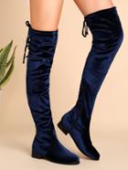 Shein Navy Velvet Almond Toe Tie Back Thigh High Boots