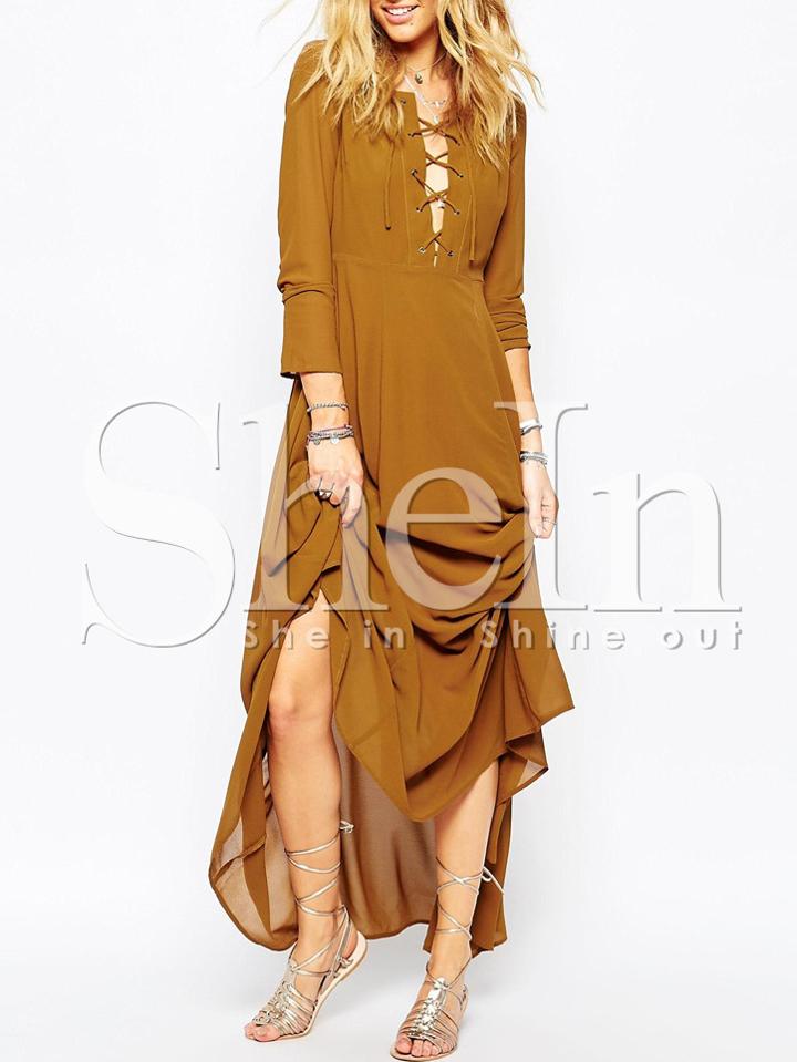 Shein Brown Suede Long Sleeve Lace Up Maxi Dress