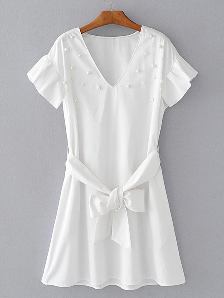 Shein Pearls Embellished Frill Trim Dress With Self Tie
