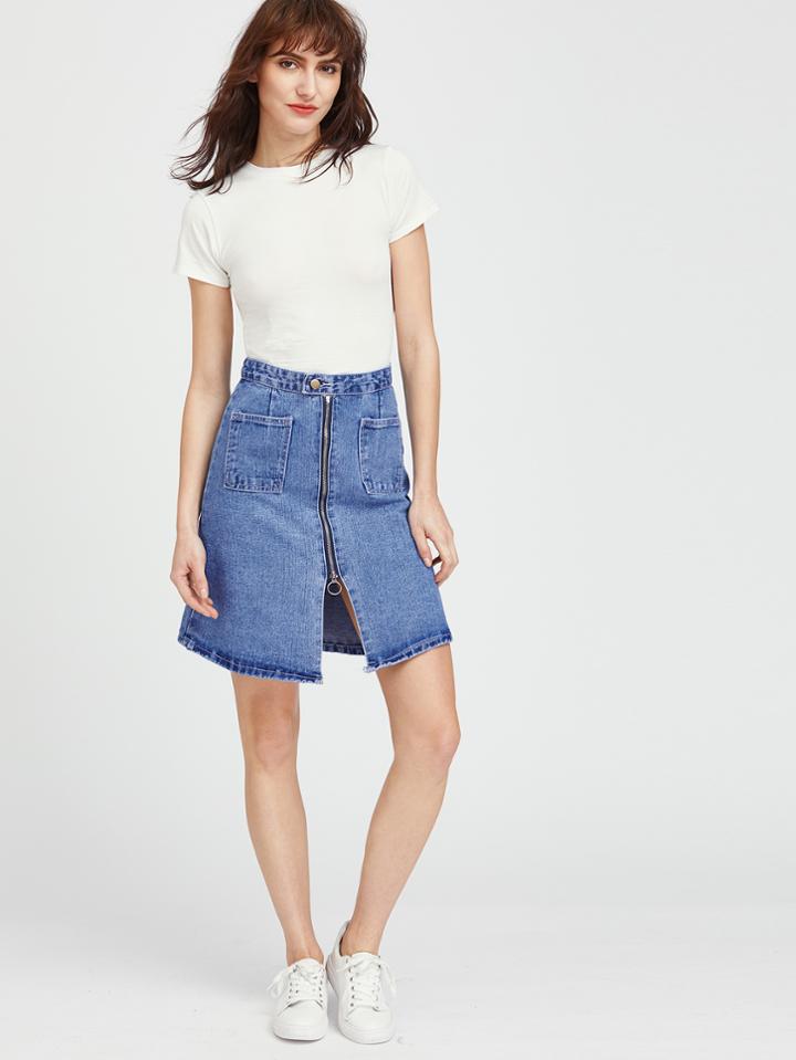 Shein Blue Zipper Front Denim Skirt