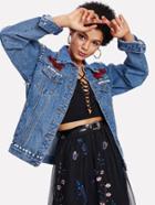 Shein Rose Embroidered Faux Pearl Decoration Denim Jacket