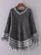 Shein Grey V Neck Fringe Detail Jacquard Sweater