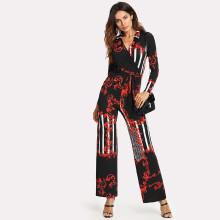 Shein Self Belted Vine Floral Print Jumpsuit