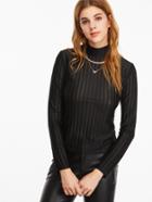 Shein Black High Neck Striped Mesh Slim Fit Top