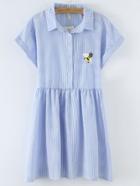 Shein Blue Roll Cuff Bee Embroidery Bottons Front Stripe Dress