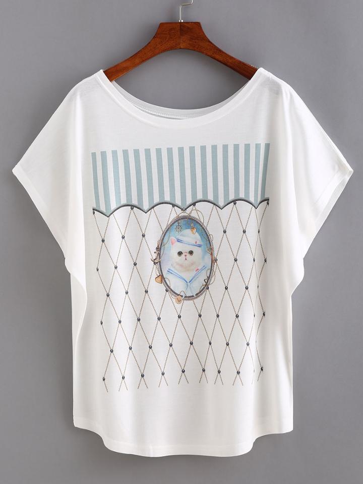 Shein Cat Print Bat Sleeve T-shirt