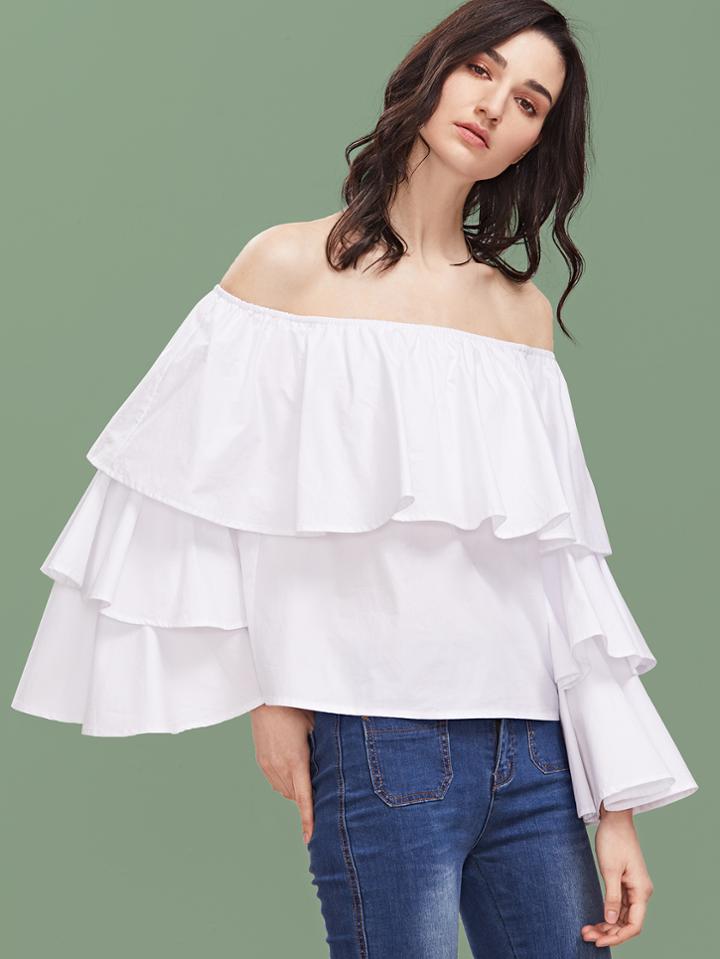 Shein White Off The Shoulder Bell Sleeve Layered Ruffle Top