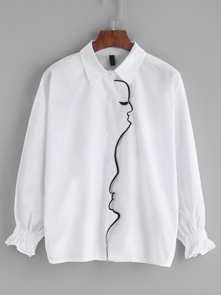 Shein White Face Line Embroidered Elastic Cuff Top