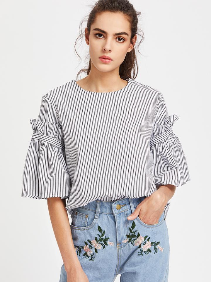 Shein Vertical Pinstripe Frill Trim Trumpet Sleeve Top