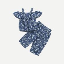 Shein Girls Fish Print Ruffle Trim Cami Blouse With Pants
