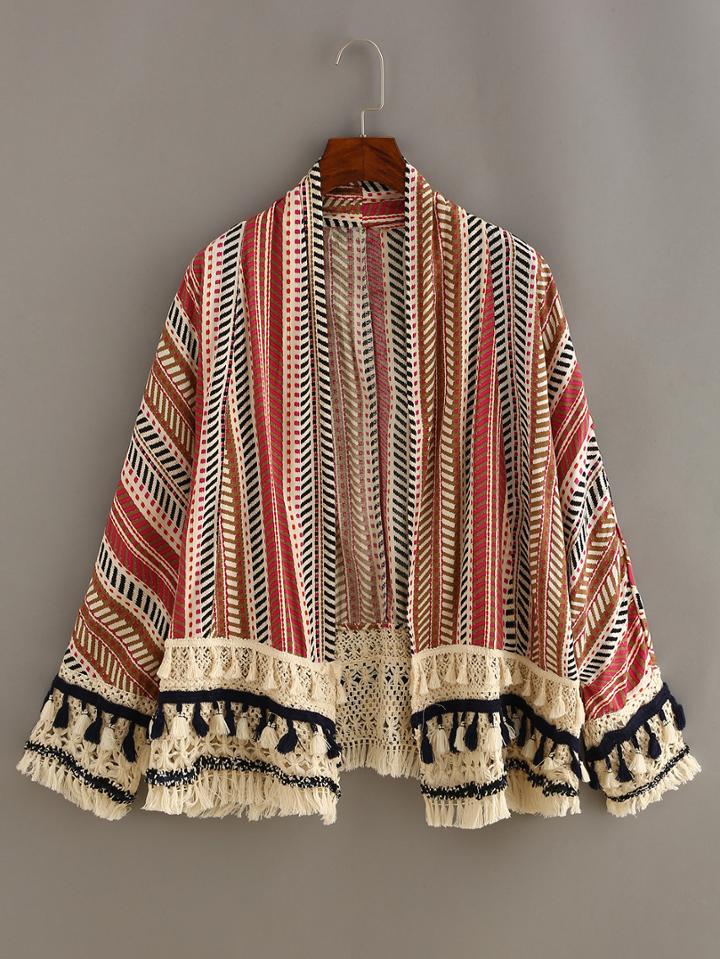 Shein Tassel Trimmed Tribal Print Top