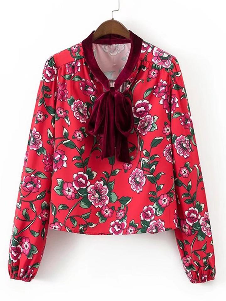 Shein Calico Print Contrast Velvet Tie Blouse