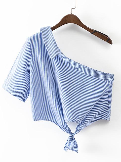 Shein Blue One Shoulder Vertical Stripe Tie Blouse