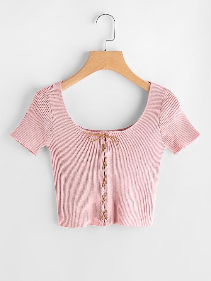 Shein Double U Ribbed Lace Up Crop Tee