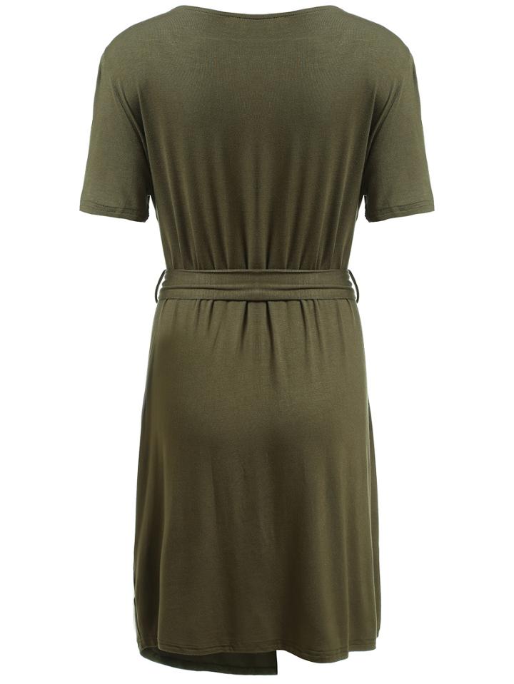 Shein Army Green Deep Plunge Neck Self-tie Wrap Plus Dress