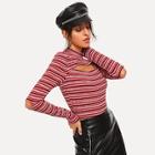 Shein Open Front Mock Neck Striped Tee