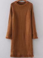 Shein Brown Raglan Sleeve Fringe Trim Sweater Dress