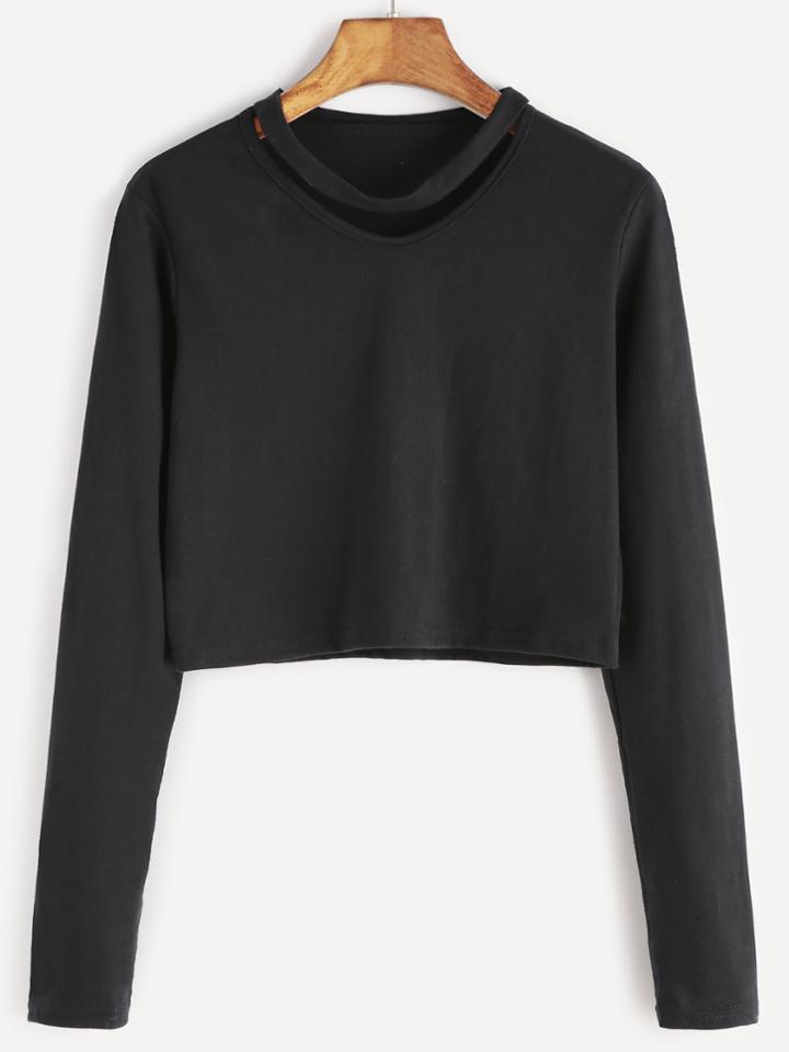 Shein Black Cut Out Neck Crop T-shirt