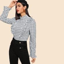 Shein Ruffle Trim Double Button Plaid Top