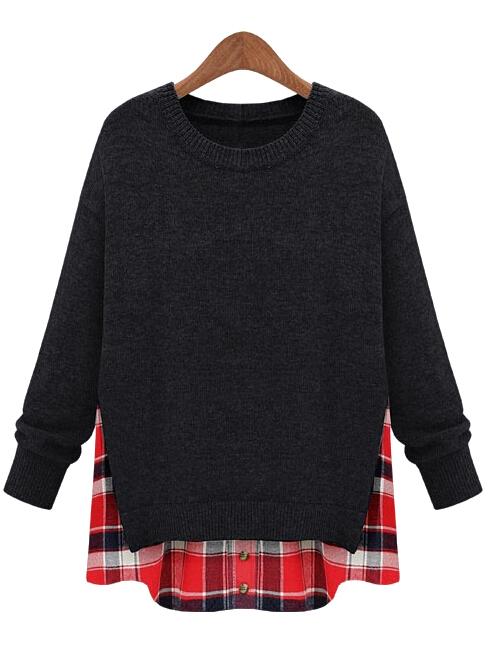 Shein Black Long Sleeve Plaid Plus Top