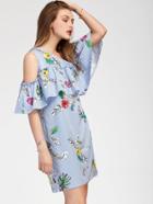 Shein Oblique Shoulder Layered Frill Tropical Print Dress