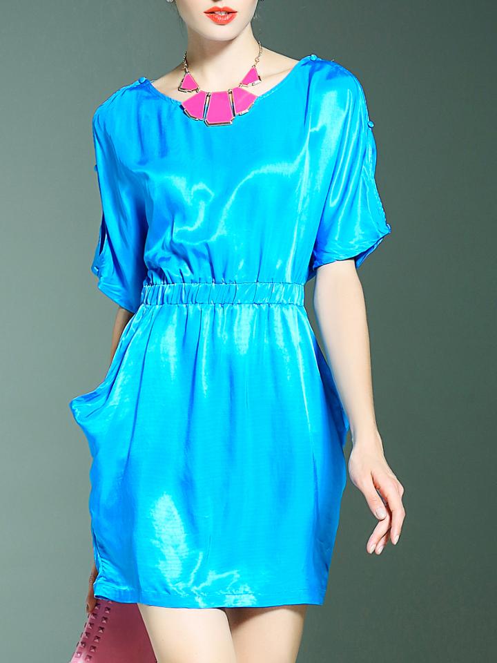 Shein Blue Necklace Elastic-waist Pockets Dress