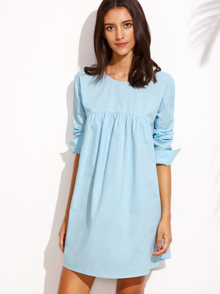 Shein Blue Tie Back Round Neck Long Sleeve Shift Dress